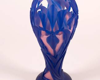 Another view of Barry Sautner American art glass vase, a phenomenal cameo glass carving of blue iris carved to show pink inner glass, signed  1985 "Blue Flags" #1