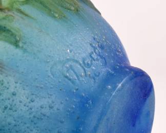 Closeup of Amalric Walter and Henri Bergé collaborative art glass pâte de verre bowl with high relief decoration of berries and leaves in red and green against a turquoise background, signed by both artists, A. WALTER NANCY and Bergé. France 1920s.
