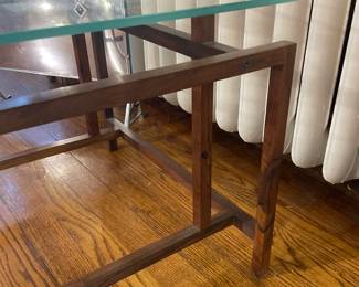 Closeup of Henning Norgaard square coffee table / chess table with rosewood frame, clear and frosted glass top