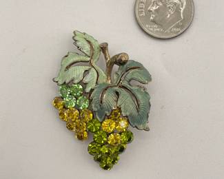 1950s grape cluster brooch, enameled metal with yellow and green rhinestones