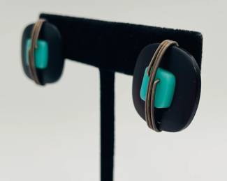 Another view of black button, turquoise color square and silver tone wire earrings