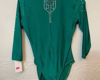 Emerald green leotard, rhinestones decoration at collar and shoulders