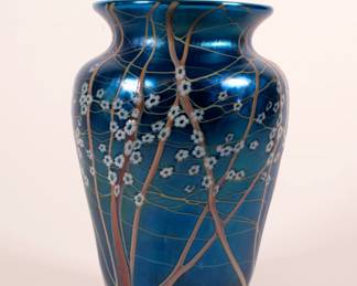 Orient and Flume Studio Art Glass vase, urn form, iridescent blue ground with reddish gold/maroon Hawthorne decoration, scattered floral millefiori canes, underside signed and numbered with P0541J14014BIR