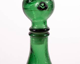 Closeup of vintage Italian emerald green glass cat decanter