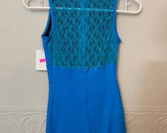 Back view of blue one piece, zip front
