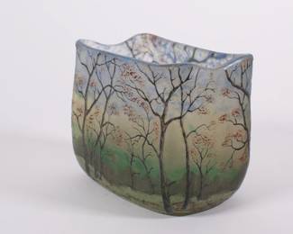 Legras acid-etched and enameled autumn landscape vase, signed; French art glass