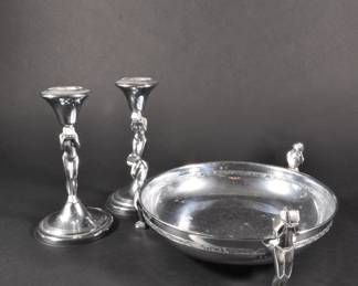 Rare vintage Farberware Art Deco weeping female nude chrome taper candle holders and matching round low bowl with incised band 