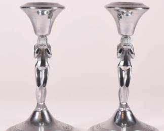 Rare vintage Farberware Art Deco weeping female nude chrome taper candle holders