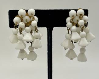 Vintage pair of milk glass beaded dangles earrings, screw back 