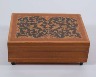 Vintage MAPSA ornate wood inlay Swiss musical movement music box, hinged lid.  MAP SA is a small company established in 1953 in Sainte-Croix by Charles Monti (M), Remy Aubry (A) and Frederic Paillard (P).  SA stands for Societe Anonyme (= Ltd.).  The company and factory specialized in small movements (about 1000 different tunes available) 