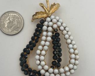 Coro Croft pear brooch, faceted black and white glass beads and gold tone metal