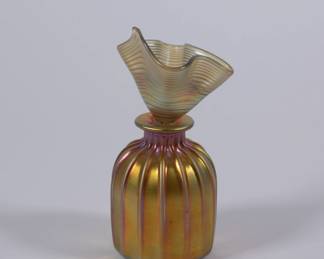 Vintage Correia ribbed gold Aurene art glass perfume bottle with a striped Aurene handkerchief-shaped stopper; etched with the artist's signature and production number PBRFG 58477