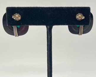 Reverse view of black button, turquoise color square and silver tone wire earrings