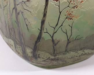 Closeup of signature on Legras acid-etched and enameled autumn landscape vase, signed; French art glass