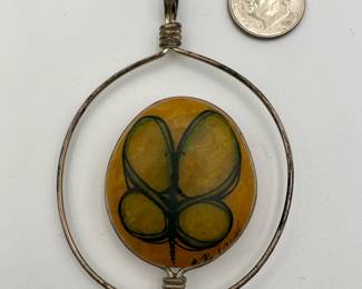 Art glass and metal wire pendant, signed 76 Carol