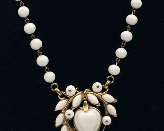 Crown TRIFARI white milk glass apple pendant and white glass beaded necklace in gold tone metal - iconic designer piece! 
