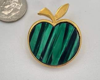 Crown Trifari apple brooch, shimmering green in gold tone frame