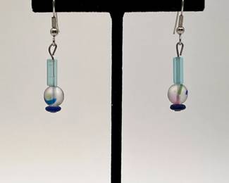 Closeup of art glass beaded earrings, by Toba