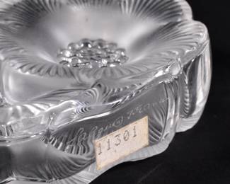 Base of beautiful delicate Lalique "Deux Fleurs" frosted crystal perfume bottle, signed Lalique France on base, has original sticker. Originally designed by Rene Lalique in 1935, the bottle depicts two anemone flowers.