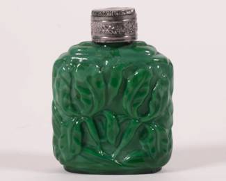 Antique 1920's Art Nouveau Czech malachite glass perfume bottle with reticulated metal capped stopper