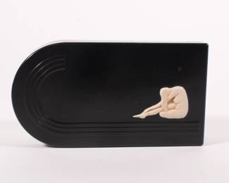 Vintage Art Deco design trinket box made by Hickok in the USA. The box is frosted glass, the Bakelite lid has a nude woman design.