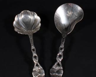 Sterling silver large serving spoons with berry finial handles - one marked Tiffany & Co. Sterling