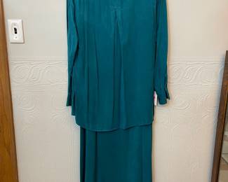 Back view of Tianello size XS teal blue tunic dress with matching long sleeve button front top