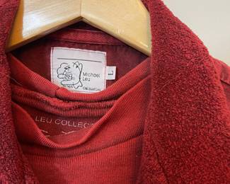 Another closeup of Michael Leu two-piece long sleeve dress with button front pocketed loose vest