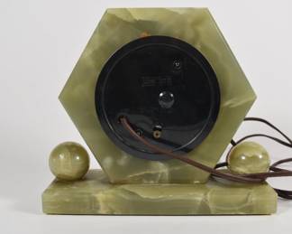 Reverse view of vintage Art Deco Master Crafters green marble electric mantel clock
