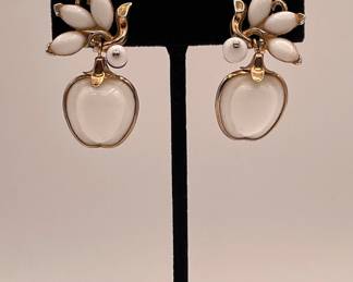Crown Trifari apple pendant earrings, white milk glass, gold tone metal