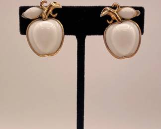 Crown Trifari apple earrings, milk glass and gold tone metal