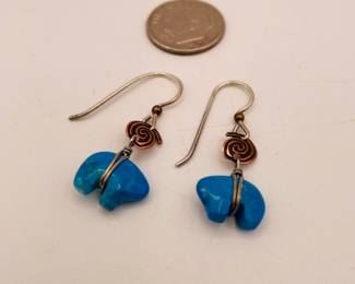 Pair of Sienna Sky earrings, sterling  earwires, blue shaped stone or glass bear shaped dangles