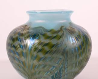 Loetz "Phänomen" art glass vase, pulled feather design, signed, Austria, ca. 1900