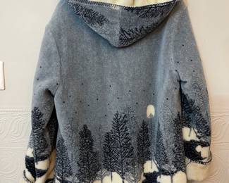 Back view of vintage 1990s White Stag winter theme graphic fleece hooded sweater/coat, toggle buttons