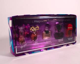Deluxe Fragrance Collection for Women containing Giorgio Beverly Hills, Elizabeth Taylor's White Diamonds, Sung by Alfred Sung, Elizabeth Taylor's Passion, and Elizabeth Arden Red Door, original packaging 