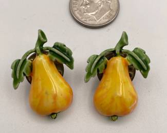 Pair of enameled lapel pins in the form of a yellow-gold pear and green leaves