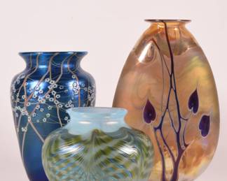 Some selections from the beautiful art glass available:  Orient and Flume Studio vase, a Loetz "Phänomen" vase, Austria; and a Craig Zweifel art glass heart and vine flask-shaped vase, signed