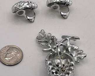 Reverse of acorns brooch and clip earrings set, silver tone metal and crystal stones