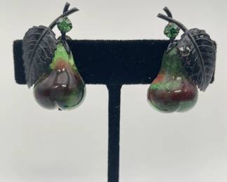 Austria "forbidden fruit" glass pear and metal enameled leaf clip earrings