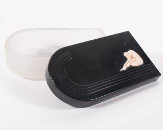Another view of vintage Art Deco design trinket box made by Hickok in the USA. The box is frosted glass, the Bakelite lid has a nude woman design.