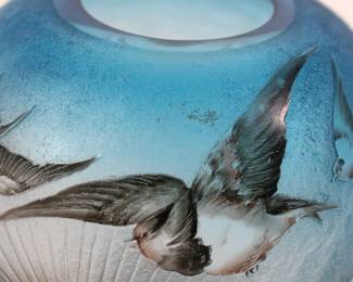 Closeup of Daum Nancy circa 1890s beautifully crafted enameled carved glass open globe on footed metal pedestal, depicting swallows in flight at sunrise against a graduated blue sky. Signed Daum Nancy and with the cross of Lorraine.