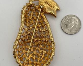 Reverse of impressive and sparkling Stanley pear brooch in gold tone metal and bright clear rhinestones, 2-3/4" tall by 1-1/2" wide