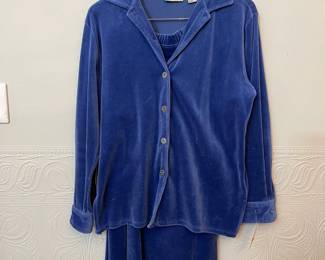 Appleseed's blue velour long sleeved button front top with matching skirt, size M