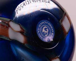 Base of Orient and Flume Studio Art Glass vase, urn form, iridescent blue ground with reddish gold/maroon Hawthorne decoration, scattered floral millefiori canes, underside signed and numbered with P0541J14014BIR