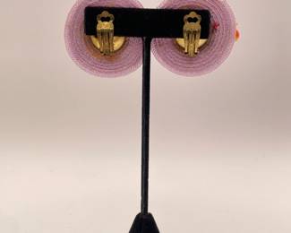Reverse view of pink straw hat clip on earrings, made in Western Germany