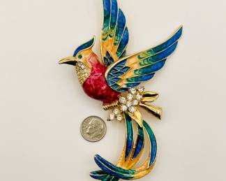 Fabulous vintage gold toned exotic bird brooch with rhinestones and vivid, beautifully done enameling