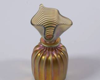 Another view of vintage Correia ribbed gold Aurene art glass perfume bottle with a striped Aurene handkerchief-shaped stopper; etched with the artist's signature and production number PBRFG 58477