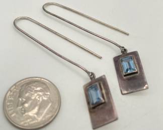 Pair of sterling silver earrings, rectangle frames with faceted blue stone