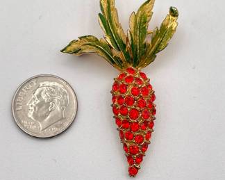 Vintage gold tone and enamel carrot brooch with vibrant deep orange rhinestones