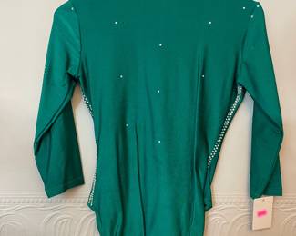 Emerald green leotard, rhinestones decoration at collar and shoulders